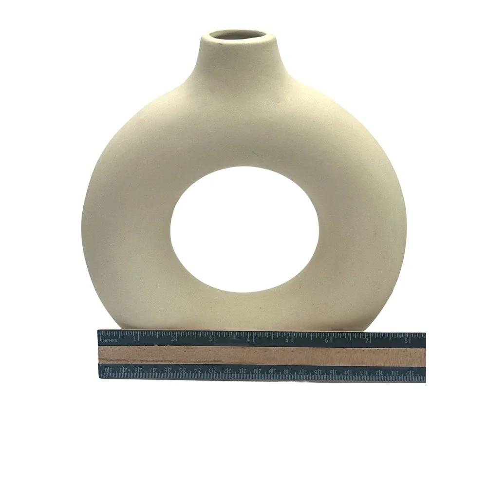 Set of 2 Matte Beige Ceramic Donut Vases Minimalist Nordic Circular Home Decor